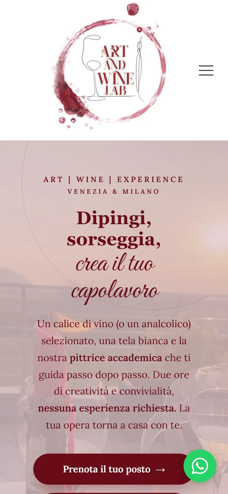 Il sito di Art and Wine Lab visto da smartphone