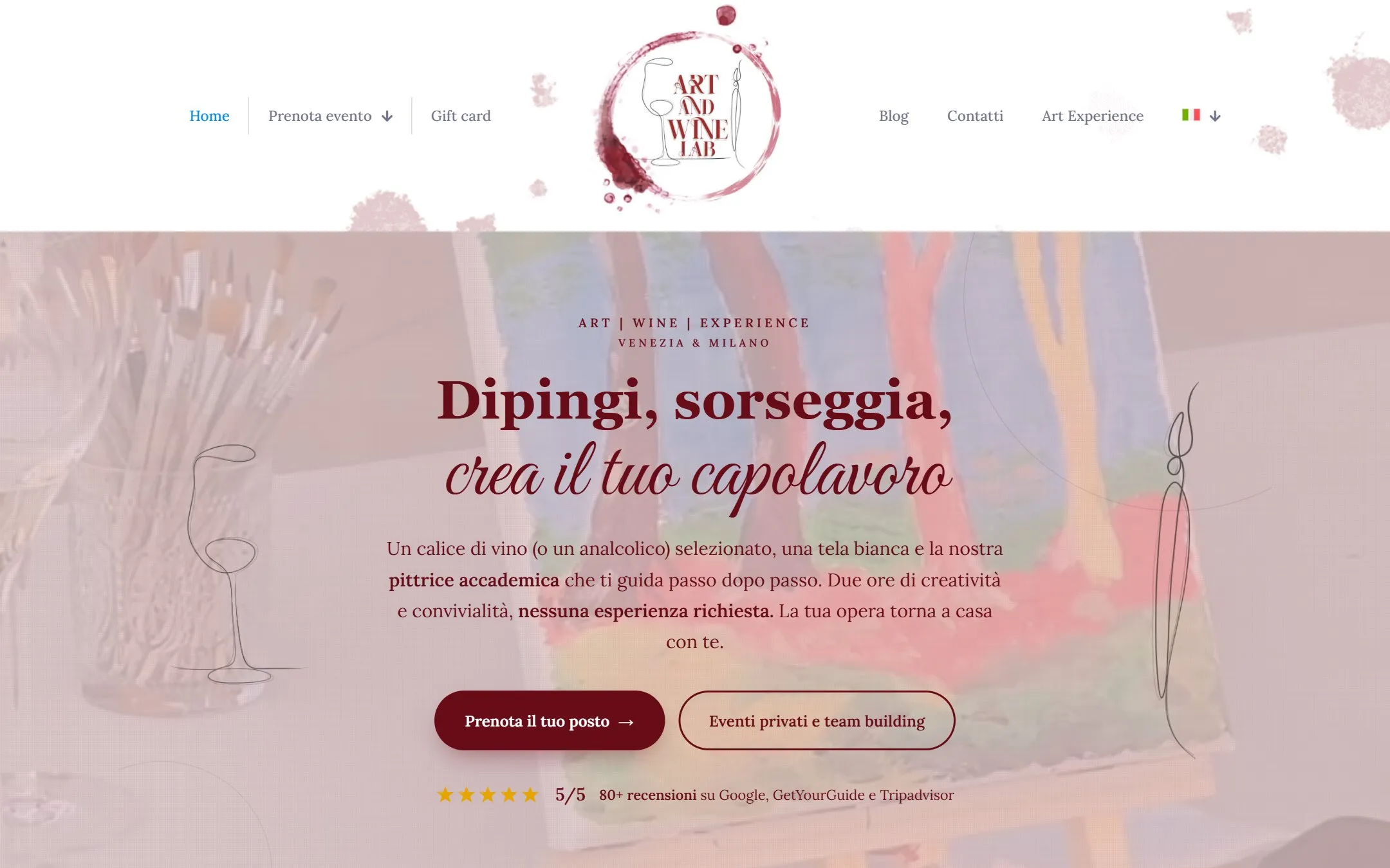 Home page di Art and Wine Lab, con il titolo «Dipingi, sorseggia, crea il tuo capolavoro»