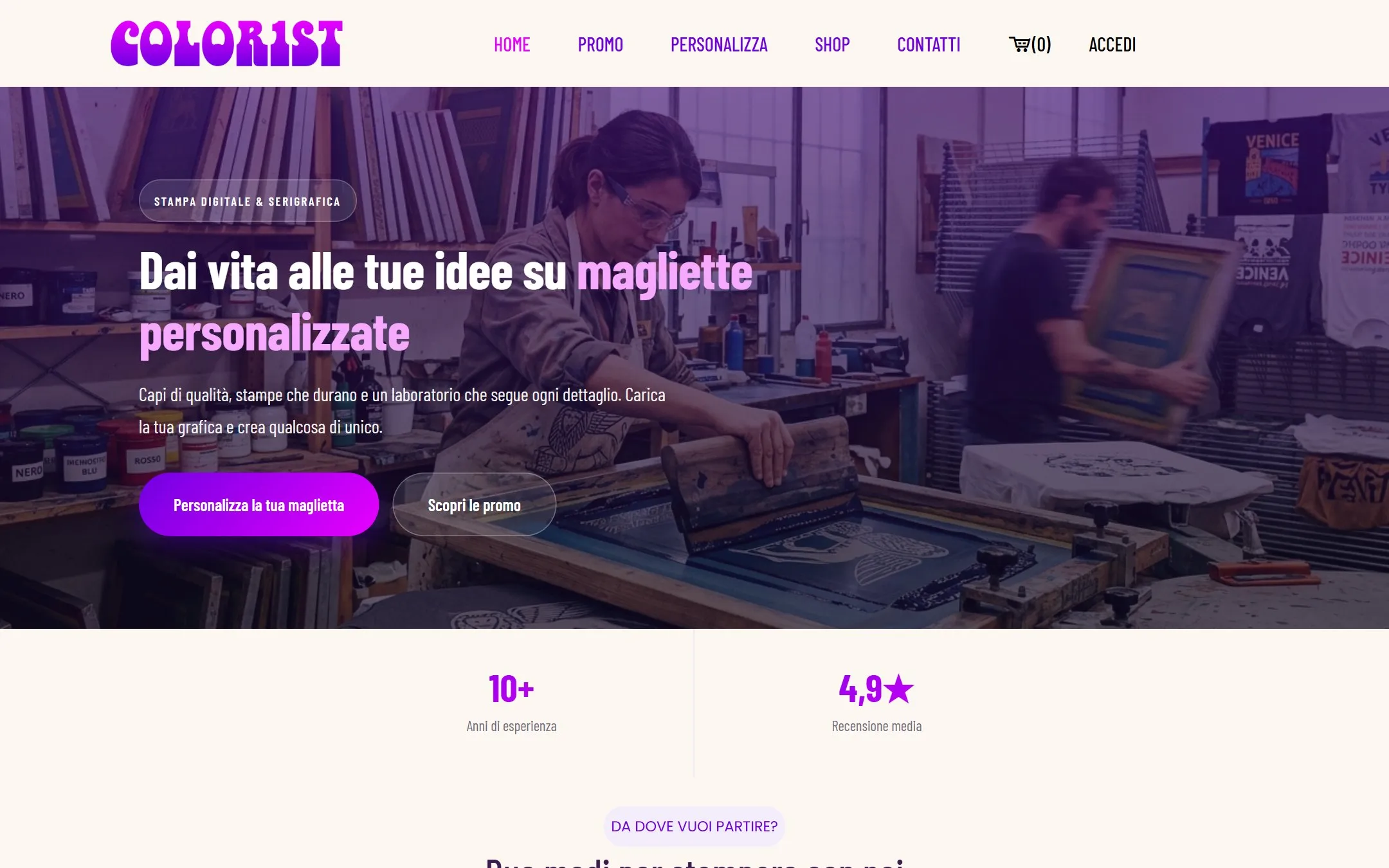 Home page di Color1st, con il titolo «Dai vita alle tue idee su magliette personalizzate»